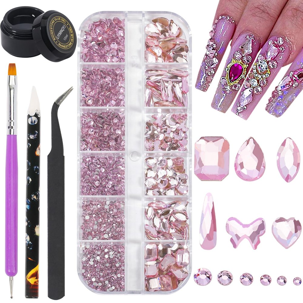 Nail Rhinestones Kit Round Flat Back Rhinestones Multi Shape 10ml Gel Nail Glue with Pink Nail Gems Nail Crystals Diamonds Jewelry Rhinestones for Nail Design DIY Crafts Decoration
