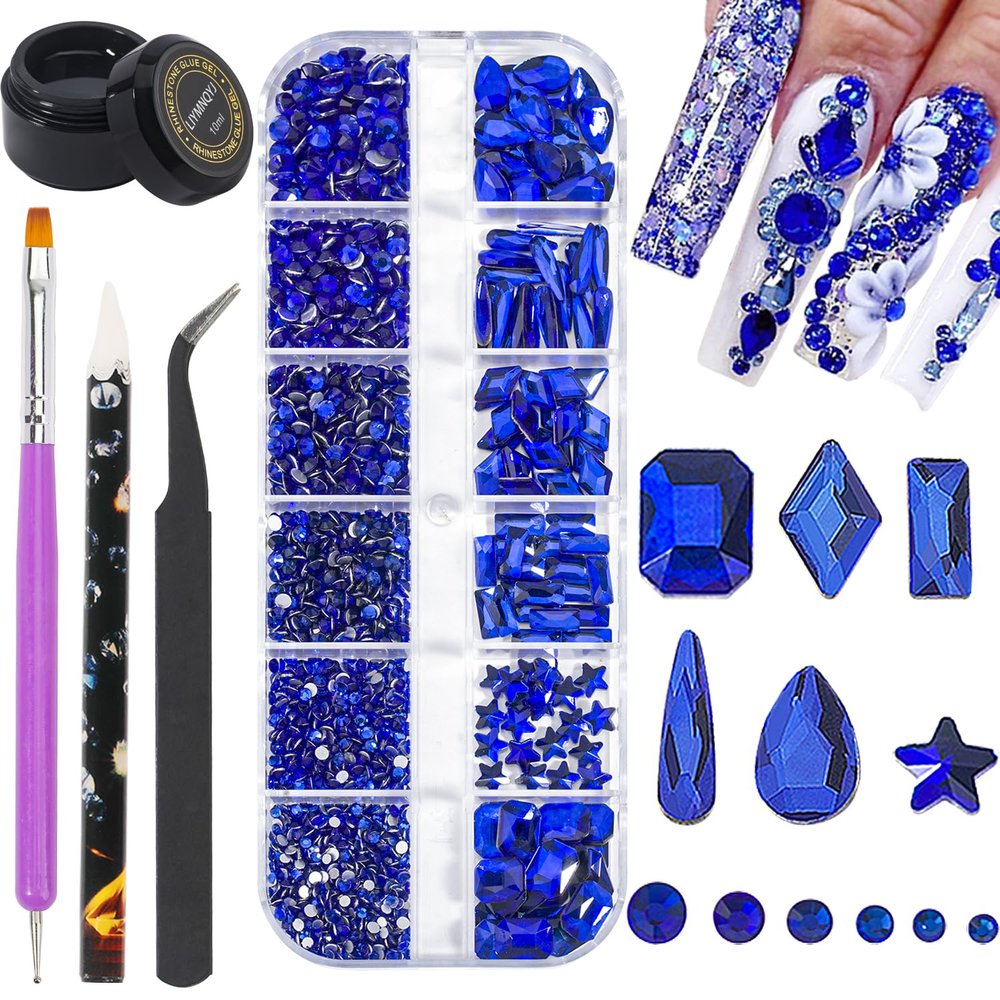 Nail Rhinestones Kit Round Flat Back Rhinestones 1500Pieces Multi Shape Blue Nail Gems 10ml Gel Nail Glue with Nail Crystals Diamonds Jewelry Rhinestones for Nail Design DIY Crafts Decoration