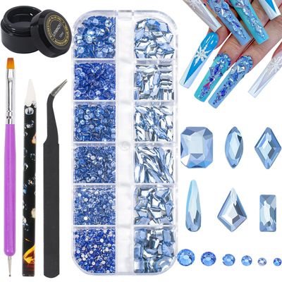 Nail Rhinestones Kit Round Flat Back Rhinestones 1500Pieces Multi Shape Light Blue Nail Gems 10ml Gel Nail Glue with Nail Crystals Diamonds Jewelry Rhinestones for Nail Design DIY Crafts Decoration