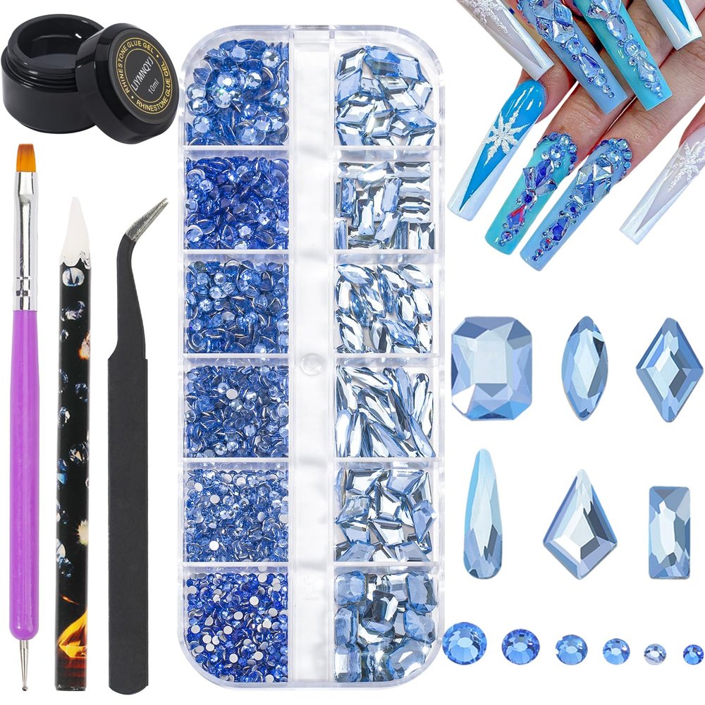 Nail Rhinestones Kit Round Flat Back Rhinestones 1500Pieces Multi Shape Light Blue Nail Gems 10ml Gel Nail Glue with Nail Crystals Diamonds Jewelry Rhinestones for Nail Design DIY Crafts Decoration