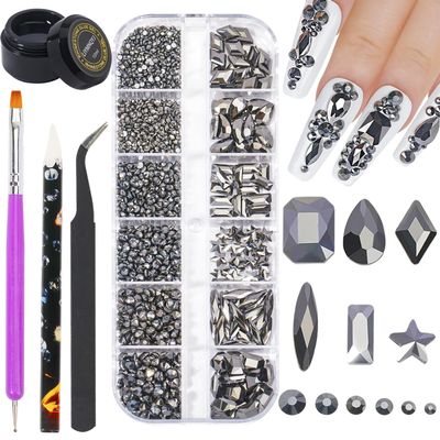 Nail Rhinestones Kit Round Flat Back Rhinestones 1500Pieces Multi Shape 10ml Gel Nail Glue with Mine Grey Nail Gems Nail Crystals Diamonds Jewelry Rhinestones for Nail Design DIY Crafts Decoration