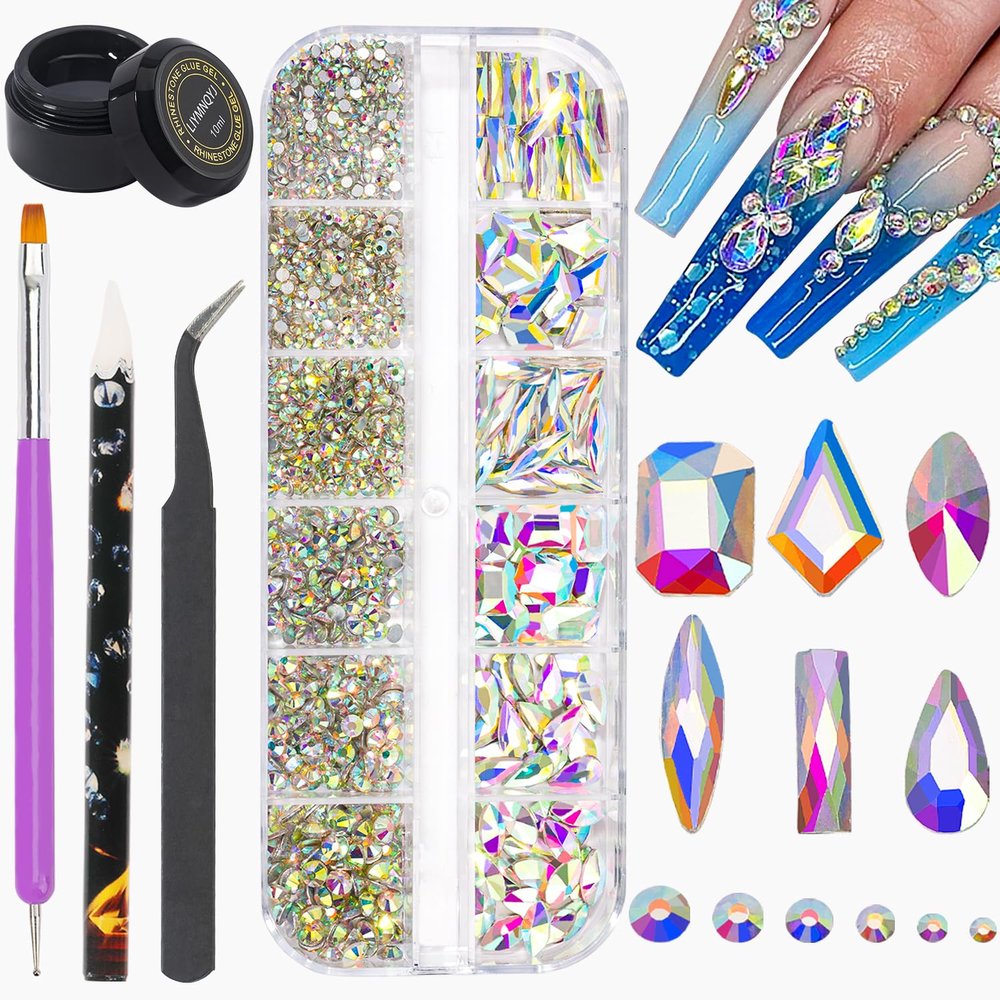 Nail Rhinestones Kit Round Flat Back Rhinestones 1500Pieces Multi Shape AB Nail Gems 10ml Gel Nail Glue with Nail Crystals Diamonds Jewelry Rhinestones for Nail Design DIY Crafts Decoration