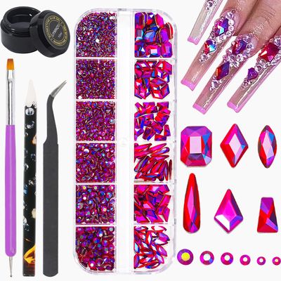 Nail Rhinestones Kit Round Flat Back Rhinestones 1500Pieces Multi Shape Red AB Nail Gems 10ml Gel Nail Glue with Nail Crystals Diamonds Jewelry Rhinestones for Nail Design DIY Crafts Decoration