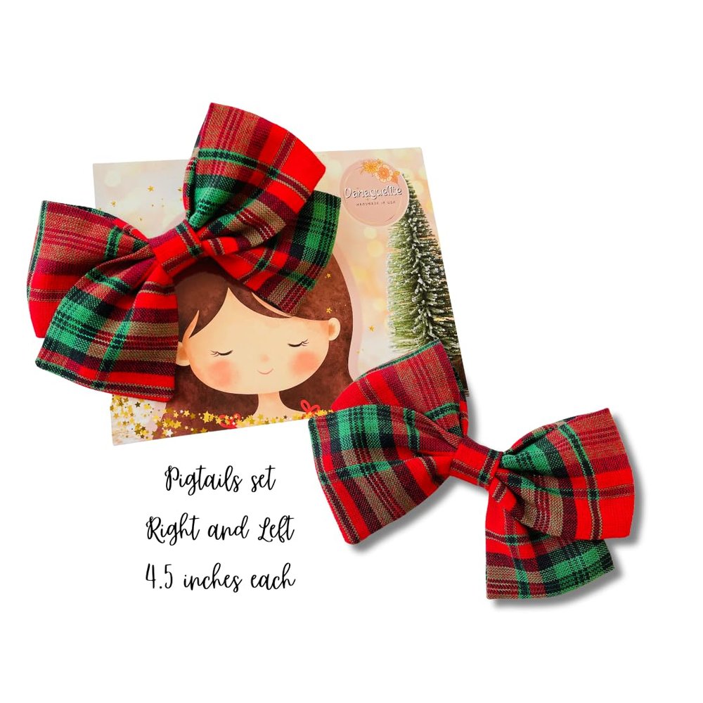 Christmas Plaid Hair Bow, Classic Red and Green Hair Bows, Toddler and Girls Christmas accessories, hair clips or headbands, Made in USA (Pigtails 4.5in Set of 2)