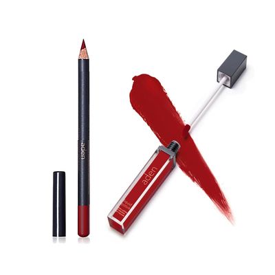 ADEN Liquid Lipstick+Lipliner Pencil Perfect Coverage For The WHOLE DAY Optimal Hydration MADE IN ITALY (14 Cranberry)