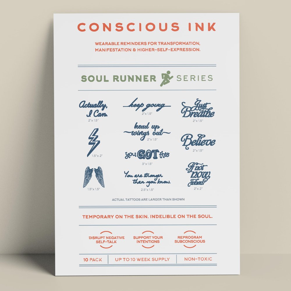 Conscious Ink, Orignal Manifestation Temporary Tattoos, Inspirational, Mindfulness Tools, Long Lasting, Non-Toxic, Waterproof, Cruelty-Free, Made in USA, 1 Soul Runner Athletic Performance Kit