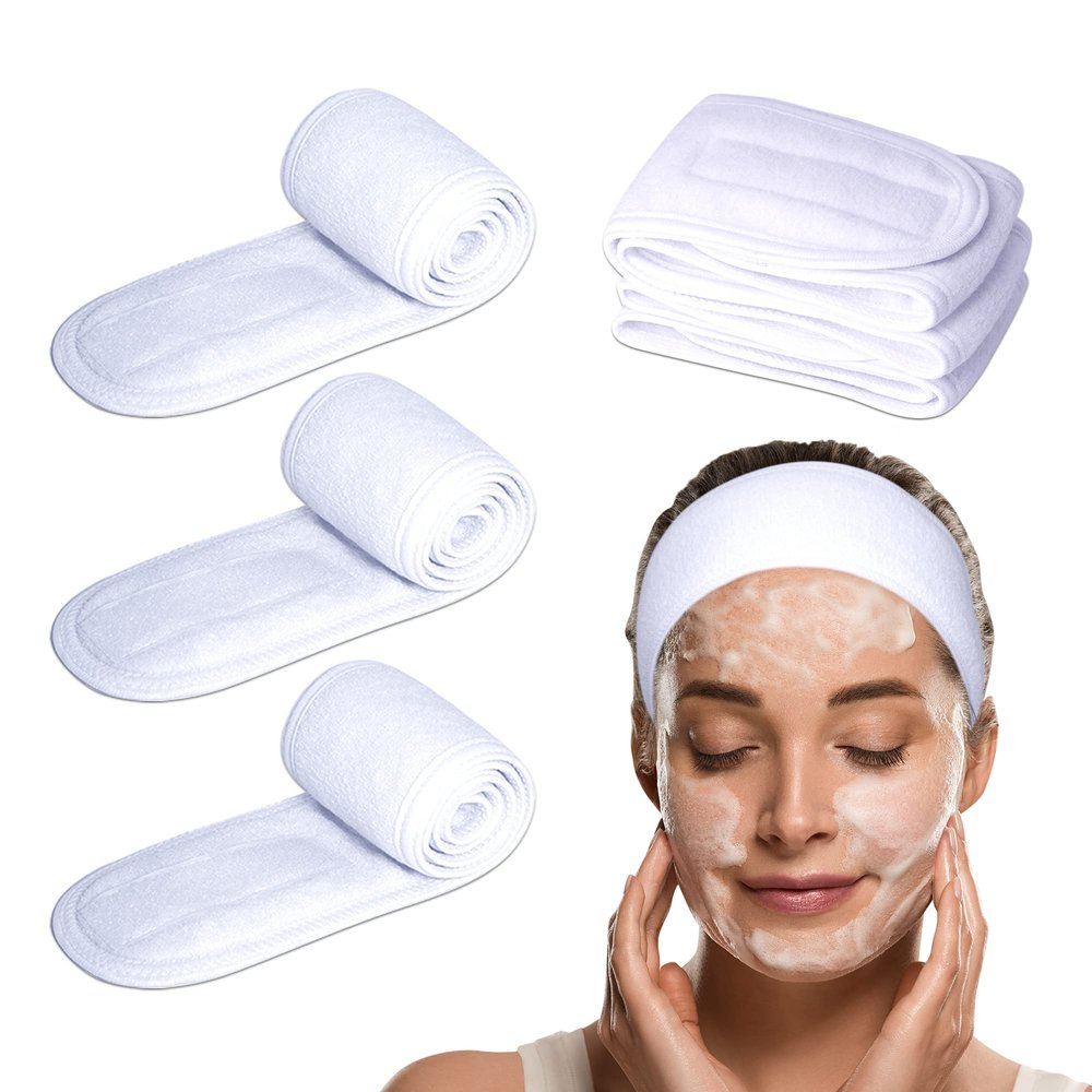 Spa Headband Head Wrap - Extra Long For Easy Fit - Terry Cloth Facial Makeup Sports Towel with Long Hook and Loop Tape from Small to Large Head 3 Pieces (All White)