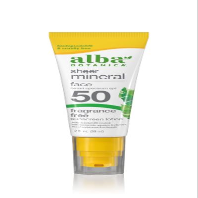 Alba Botanica Sunscreen for Face, Fragrance-Free Sheer Mineral Face Sunscreen Lotion, Broad Spectrum SPF 50, Water Resistant and Biodegradable, 2 fl. oz. Bottle (Packaging May Vary)