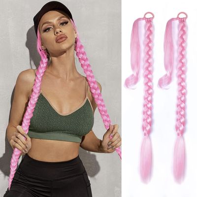 2 Pack Pink Long Braided Ponytail Extension with Hair Tie Straight Wrap Around Hair Extensions Ponytail Natural Soft Synthetic Hair Piece for Women