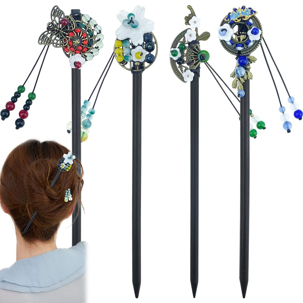 4 Pcs Japanese Chinese Hair Stick Retro Wooden Hairpin Butterfly Flower Hair Chopsticks Vintage Hanfu Pins Headdress Classic Hair Fork for Long Hair Women