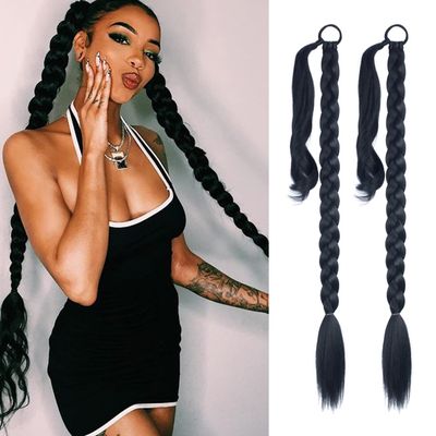 2 Pack Long DIY Braided Ponytail Extension with Hair Tie Straight Wrap Around Hair Extensions Ponytail(1B#)