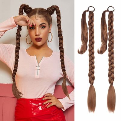 2 Pack Long DIY Braided Ponytail Extension with Hair Tie Straight Wrap Around Hair Extensions Ponytail(30#)