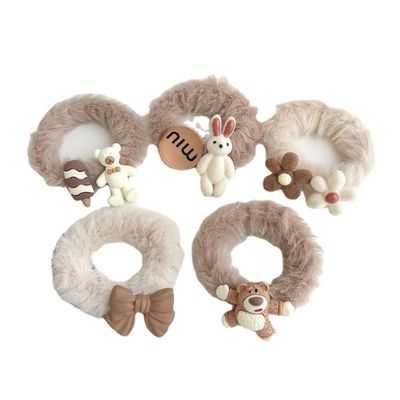 Plush Silk Ribbon Rope Clip Rope Girls Cartoon Hair Band Children Elastic Band Headdress Suit (Brown Bear)