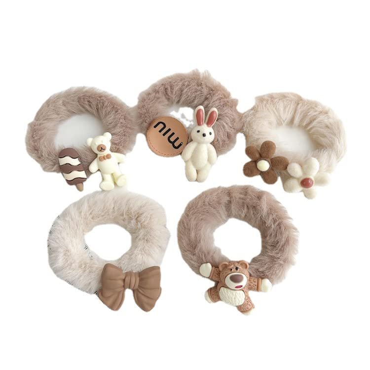 Plush Silk Ribbon Rope Clip Rope Girls Cartoon Hair Band Children Elastic Band Headdress Suit (Brown Bear)
