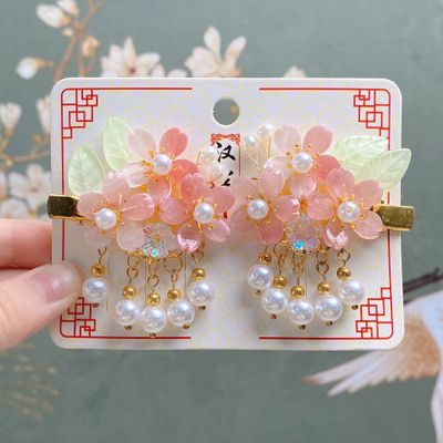 Chinese-style Pearl Hairpin, girls Hair accessories Han Costume headpiece Hairpin, girls hair accessories, 2 PCS (Pink)