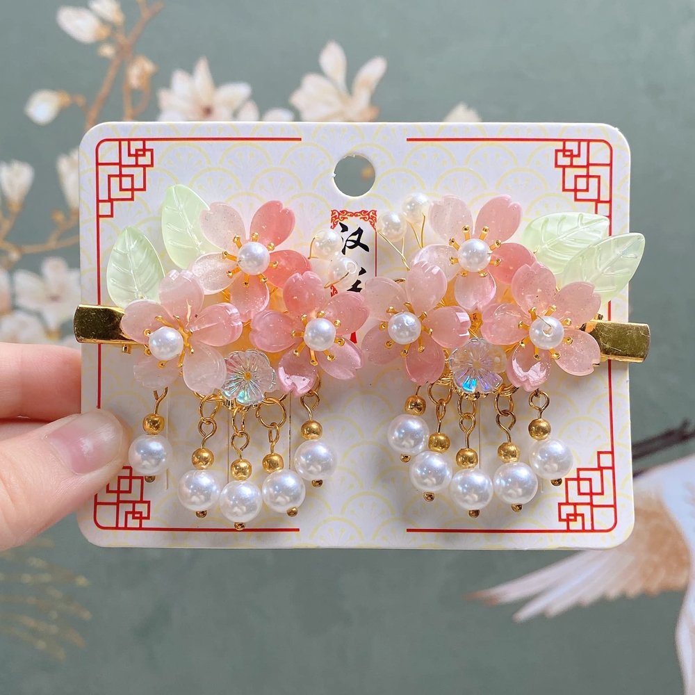 Chinese-style Pearl Hairpin, girls Hair accessories Han Costume headpiece Hairpin, girls hair accessories, 2 PCS (Pink)