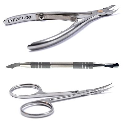 OLTON SET 3in1: Cuticle Nippers Model M, 9-12mm + Cuticle Scissors, 100mm + Pusher, double-sided manicure scapula (handmade professional manicure pedicure tool) SAVE 15$