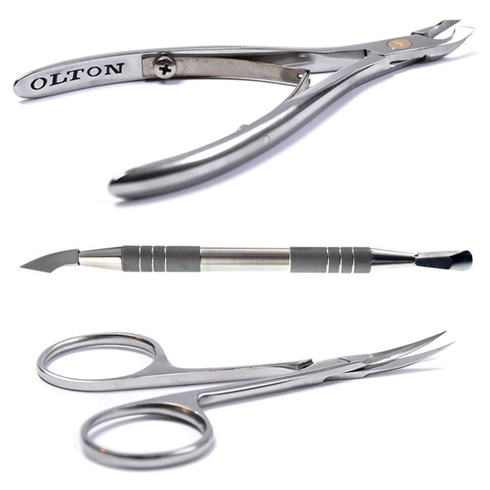 OLTON SET 3in1: Cuticle Nippers Model M, 9-12mm + Cuticle Scissors, 100mm + Pusher, double-sided manicure scapula (handmade professional manicure pedicure tool) SAVE 15$