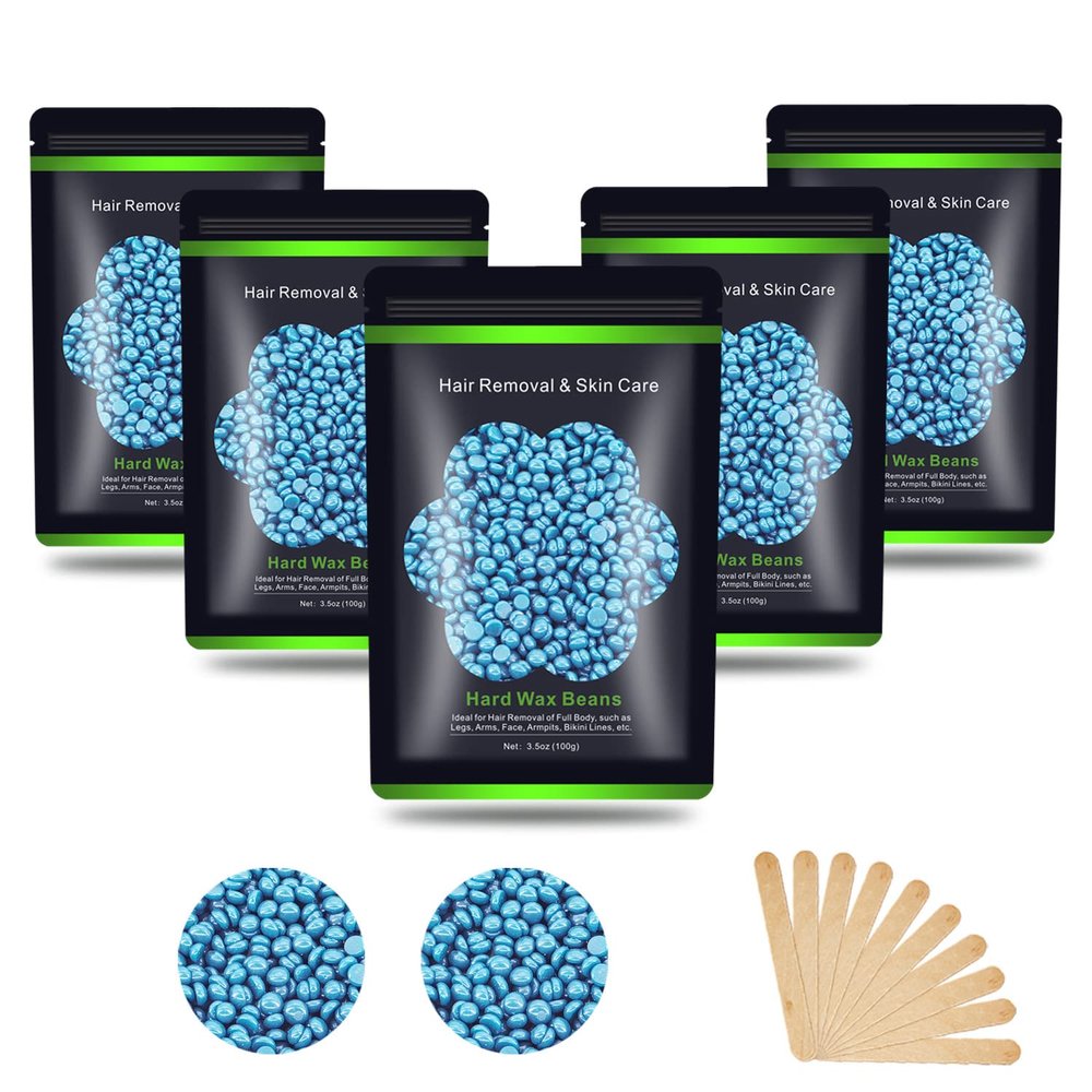 Hard Wax Beans 17.5Oz, Hair Removal Body European Brazilian Pearl Waxing Beads For Women Men Include 10 Waxing Spatulas For Bikini, Eyebrow, Face, Armpit 5 Packs
