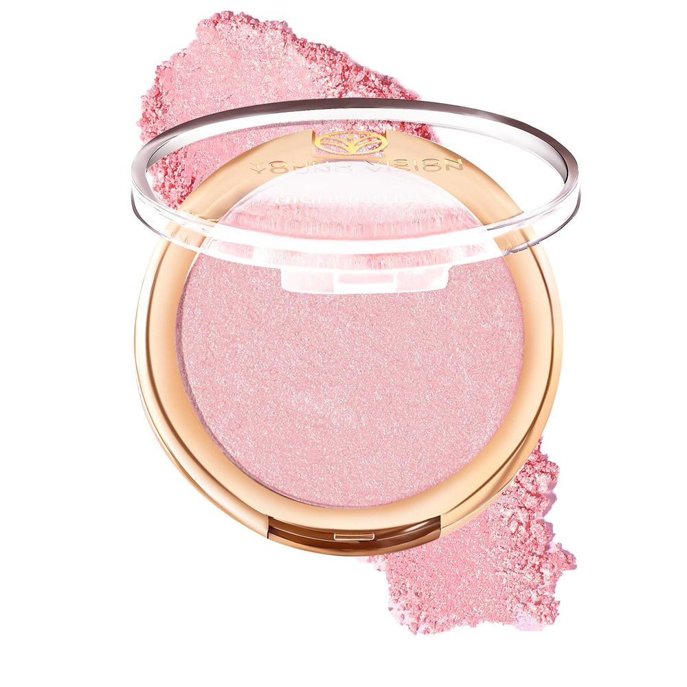 YOUNG VISION Pressed Powder Highlighter, Baked Natural Glow Contour Powder & Face Highlighter, Cruelty-Free, Shimmer Highlighting Makeup for Face, Eye, Eyeshadow, Body, Skin, Xmas Gift (Pink)