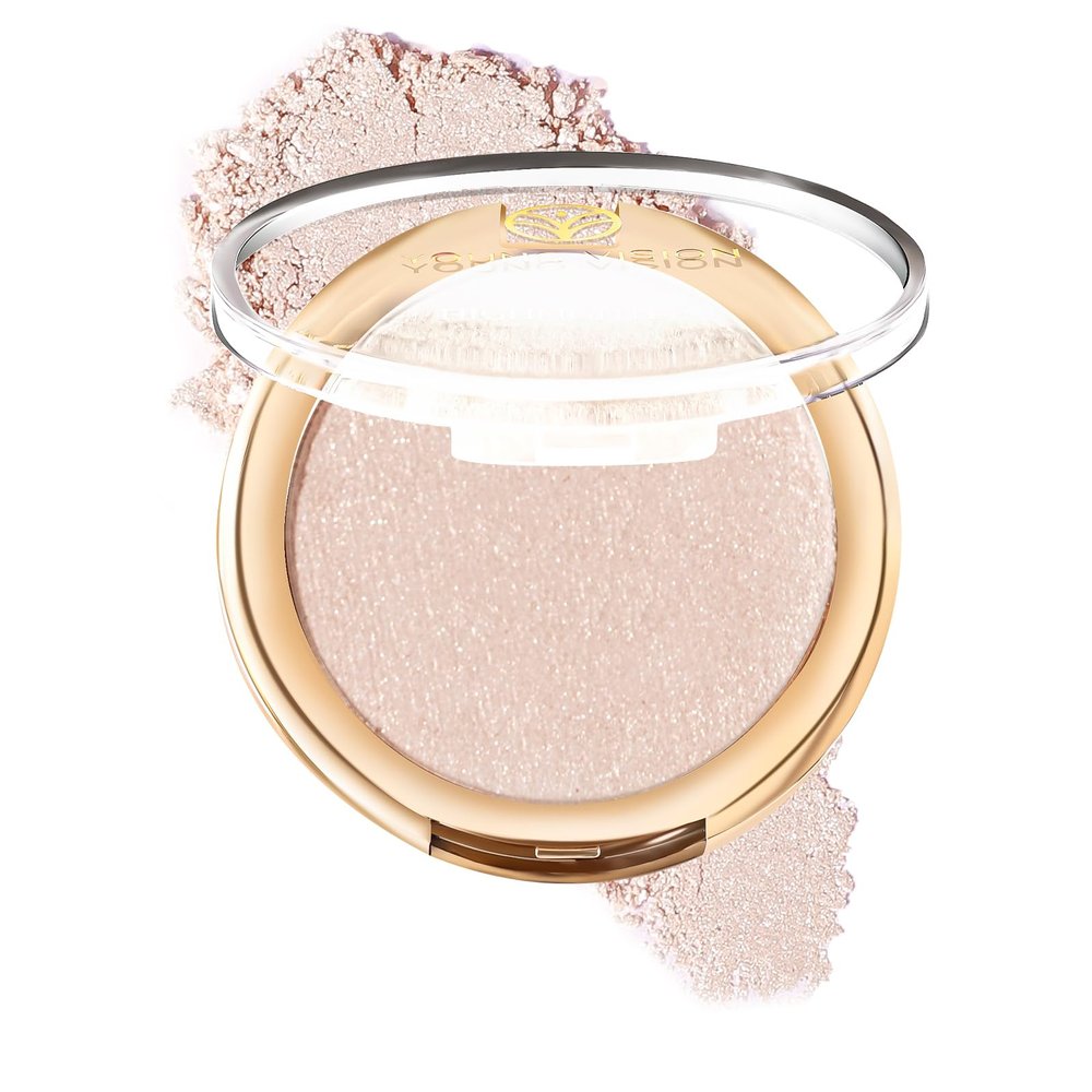 YOUNG VISION Pressed Powder Highlighter, Baked Natural Glow Contour Powder & Face Highlighter, Cruelty Free, Shimmer Highlighting Makeup for Face, Eye, Eyeshadow, Body, Skin, Xmas Gift (White)