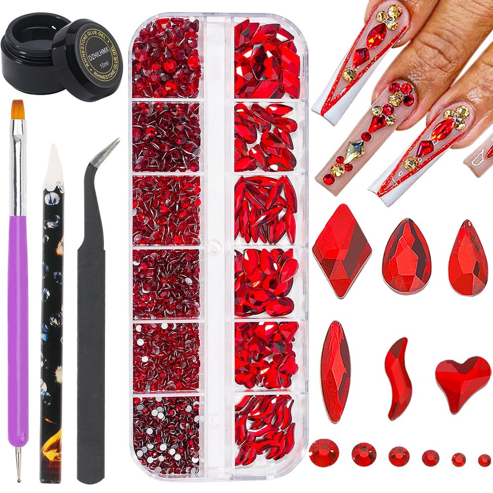Nail Art Rhinestones Red Flat Back Rhinestones for Makeup Nail Gems Nail Crystals Diamonds Jewelry Rhinestones for Face and Nail Design DIY Crafts Decoration