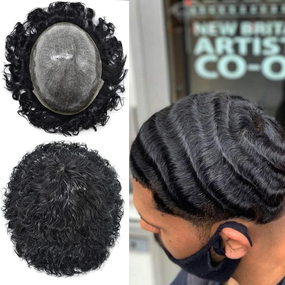 20mm WavyToupee for Black Men Kinky Weave Brazilian Hair Replacement System All Pu Injection Hair Units for Black Men (20MM WAVY, 1B# NATURAL BLACK)