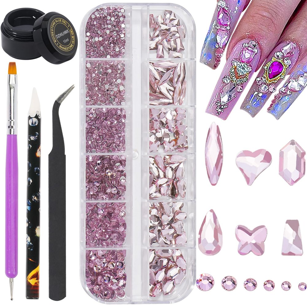 Nail Art Rhinestones Pink Flat Back Rhinestones for Makeup Nail Gems Nail Crystals Diamonds Jewelry Rhinestones for Face and Nail Design DIY Crafts Decoration