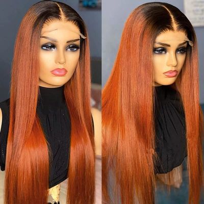 100% Brazillian Human Hair Wigs for Black Women Long Straight Style Ombre Orange Ginger with Black 13x6 Transparent HD Lace Brown Ginger Pre plucked Hairline Free Part 180% Density by YOKADA HAIR (26inch, 13x6 Lace Front Wig /Ombre Orange Ginger /ST)