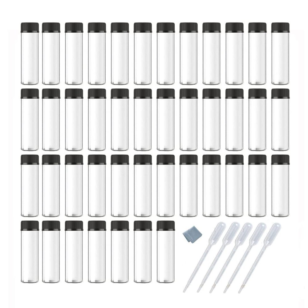 Elfenstall- 50pcs 5ml 1/6oz Vials Clear Glass Bottle with Orifice Reducer Black Caps Jars Portable For Travel Essential Oil Perfume Liquid Sampling Sample + Free 5pcs 3ml Dropper