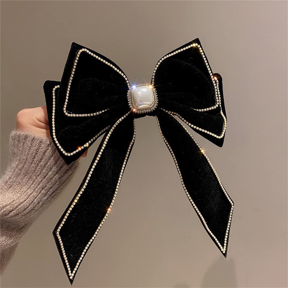 2022 New Fall and Winter New Velvet with Diamonds Pearl Bow Hair Clip Korean Fashion Exaggerated Spring Clip Exaggerated Hair Card Hair Accessories,Black
