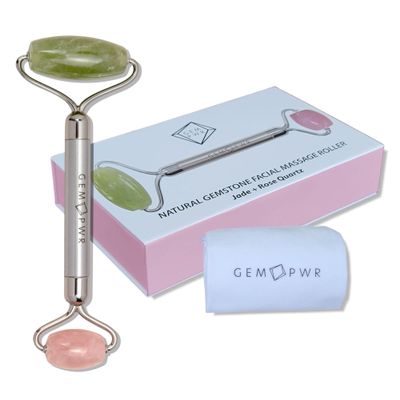 GEM PWR Rose Quartz + Jade Roller for Face and Neck Massage, Dual Gemstones with Durable Steel Handle and Travel Bag. Minimize Wrinkles, Reduce Puffiness and Restore Skin's Elasticity and Radiance