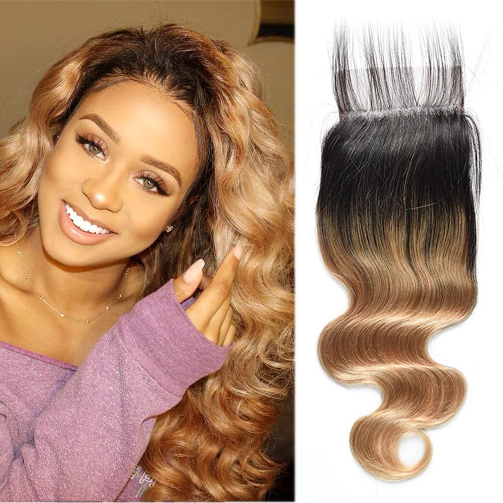 1B/27 Closure Pre Plucked Ombre Lace Closure Human Hair Transparent Lace Free Part 4X4 Lace Front Closure With Baby Hair Brazilian Virgin Hair Body Wave Lace Closure Next Day Delivery 16 Inch