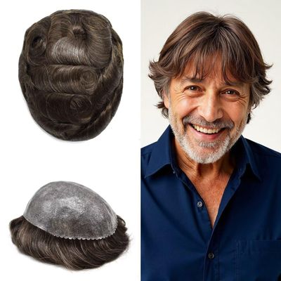 Mens Hairpieces All Poly Toupee for Men Real Human Hair Replacement System Thin Skin Mens Toupee 0.1mm Male Hair Prothesis 8"X10" #320 3# DARK BROWN WITH 20% SYNTHETIC GREY