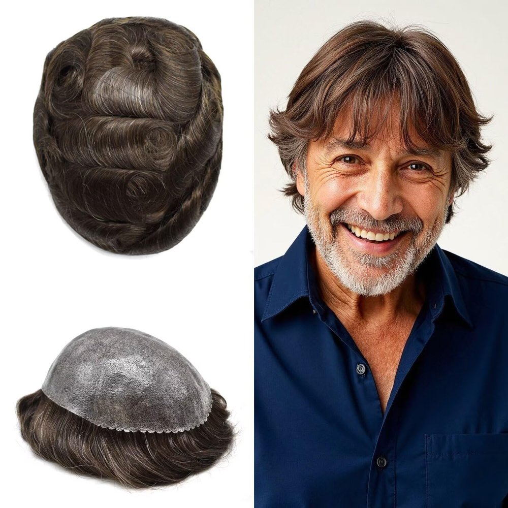 Mens Hairpieces All Poly Toupee for Men Real Human Hair Replacement System Thin Skin Mens Toupee 0.1mm Male Hair Prothesis 8"X10" #320 3# DARK BROWN WITH 20% SYNTHETIC GREY
