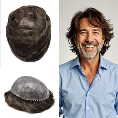 Full PU Toupee for Men Human Hairpiece Durable Thin Skin Hair Replacement System Mens Toupee 0.1MM Skin PU Injected Hair Units for Men 8"X10" #310 3# DARK BROWN WITH 10% SYNTHETIC GREY