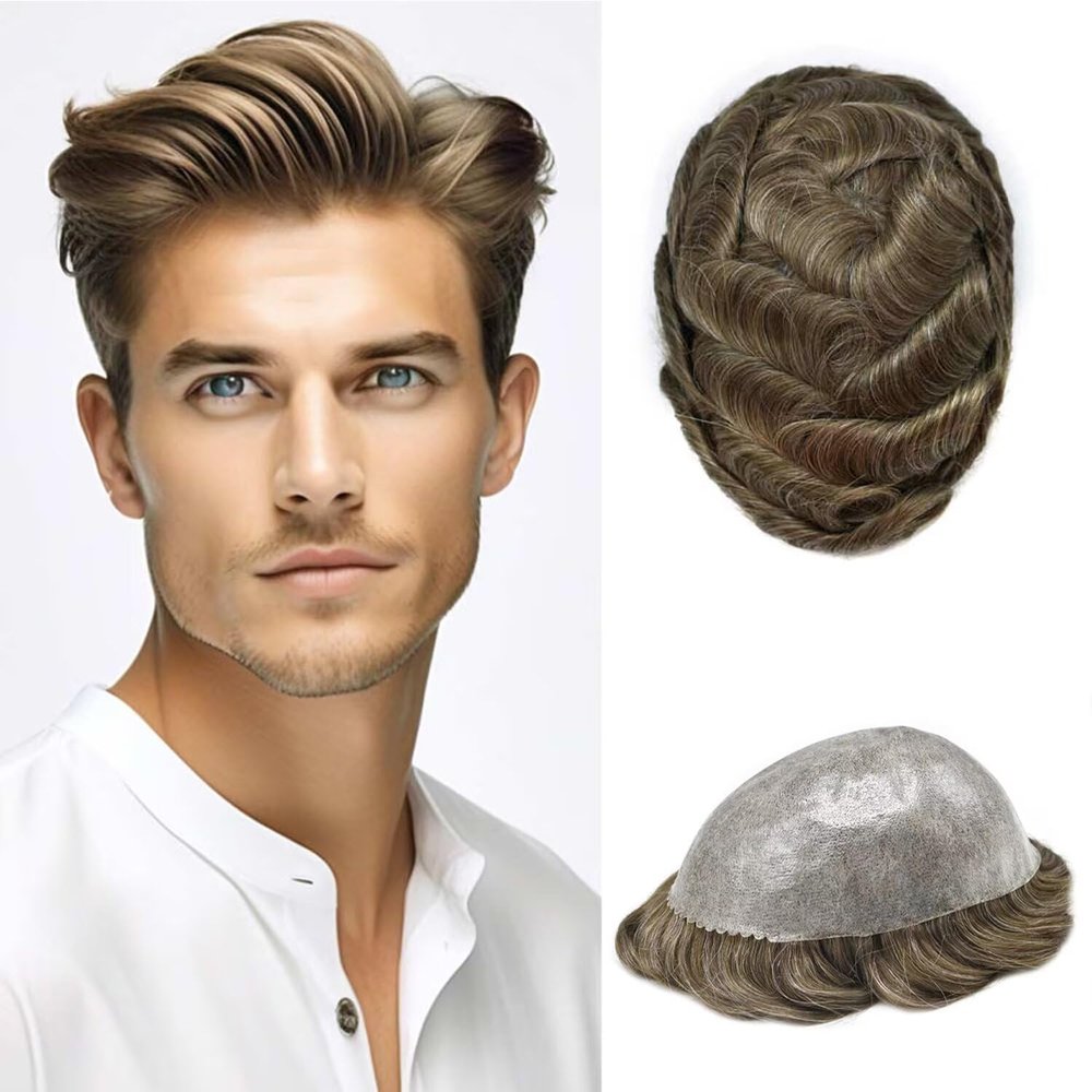 Full PU Toupee for Men Human Hairpiece Durable Thin Skin Hair Replacement System Mens Toupee 0.1MM Skin PU Injected Hair Units for Men 8"X10" #1730 17# DARK ASH BLONDE WITH 30% SYNTHETIC GREY