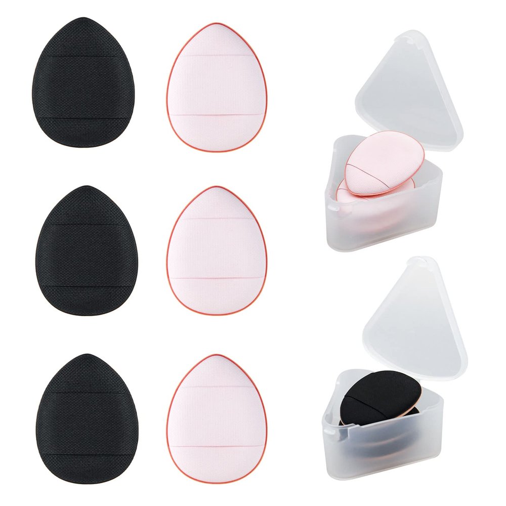 WishLotus 6Pc Mini Finger Powder Puff, Drop-Shaped Makeup Sponges for Foundation, Reusable Loose Powder Puffs with Small Case for Women&Girls and Makeup Setting Wet & Dry(Black+Pink