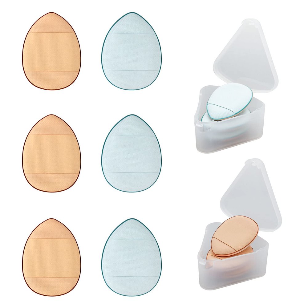 WishLotus 6Pc Mini Finger Powder Puff, Drop-Shaped Makeup Sponges for Foundation, Reusable Loose Powder Puffs with Small Case for Women&Girls and Makeup Setting Wet & Dry(Blue+Nude)