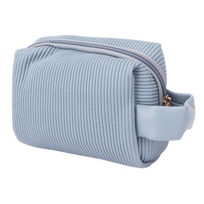 Travel Makeup Bag, Blue Fashionable Cute PU Leather Portable Zipper Toiletry Handbags Purses Cosmetic Bag for Women Girls