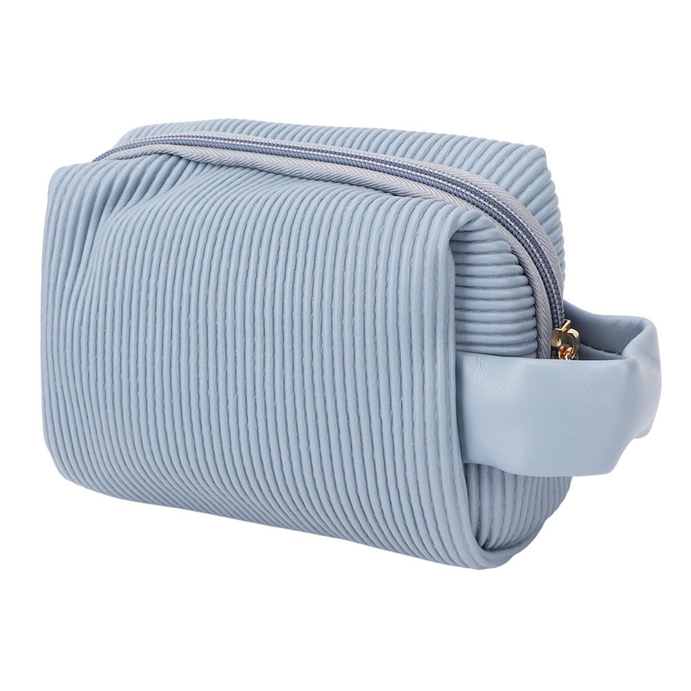 Travel Makeup Bag, Blue Fashionable Cute PU Leather Portable Zipper Toiletry Handbags Purses Cosmetic Bag for Women Girls