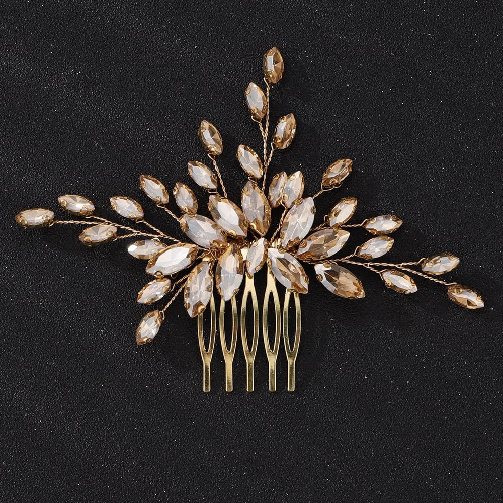 Teyglen Women's Dainty Rhinestones Hair Comb - Luxurious Bridal Accessory with Shiny Rhinestones for Brides and Girls (Champagne)