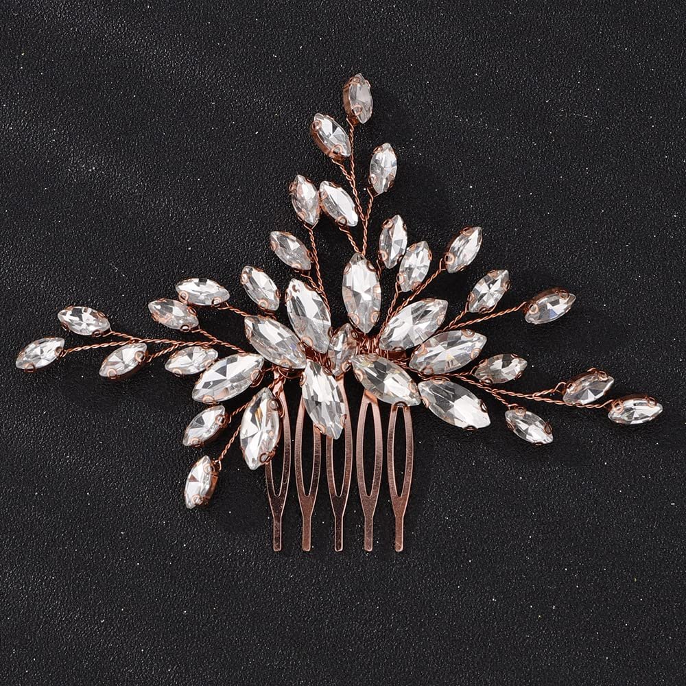 Teyglen Women's Dainty Rose Gold Bridal Hair Comb - Luxurious Shiny Rhinestones Hair Accessory for Brides and Girls (Rose Gold)