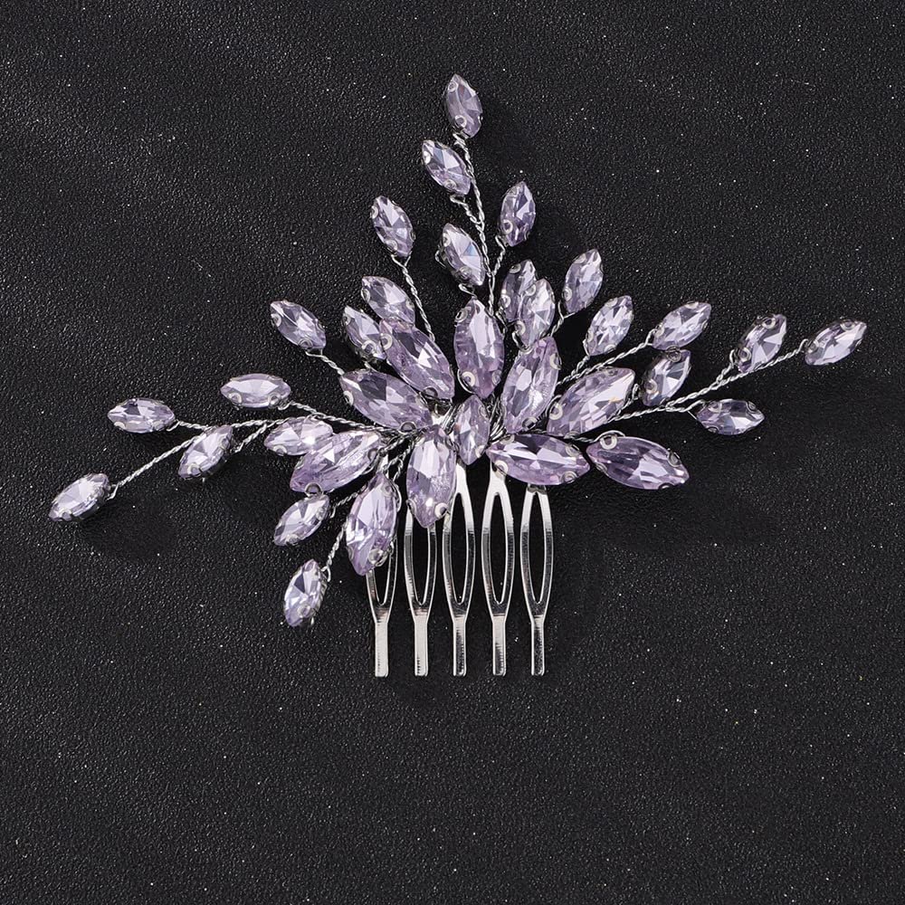 Teyglen Women Dainty Simple Rhinestones Hair Comb - Luxurious Shiny Bridal Side Hair Accessories for Bride, Wedding (Light Purple)