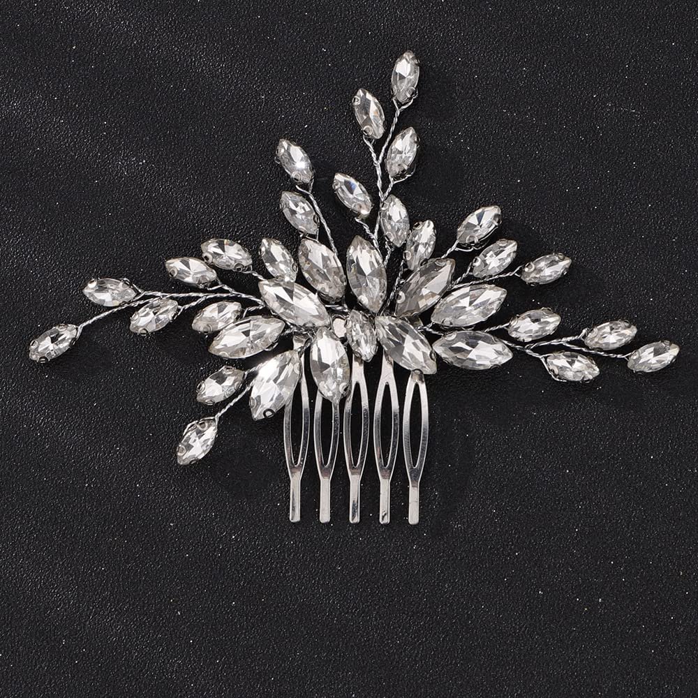 Teyglen Handmade Bridal Hair Comb with Rhinestones and Crystals - Blue, Black, Red, Silver Headpiece for Women and Girls