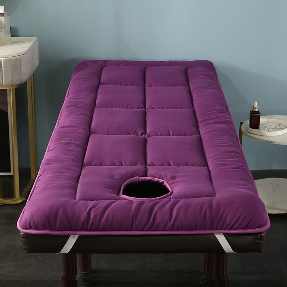 Foldable Bed Mattress Topper for Salon Beauty Massage Mattress Pad with Face Breath Hole Square Head Massage Table Mattress Protector for Spa Bed with Elastic Bands,Purple,70x180cm