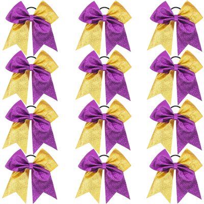 OAOLEER 12 Count 7" Hair Bows - 12PCS 7" Glitter Cheer Hair Bows for Girls - Premium Quality Sequin Hair Ties with Elastic Band for Cheerleading Team Sports, Purple and Gold