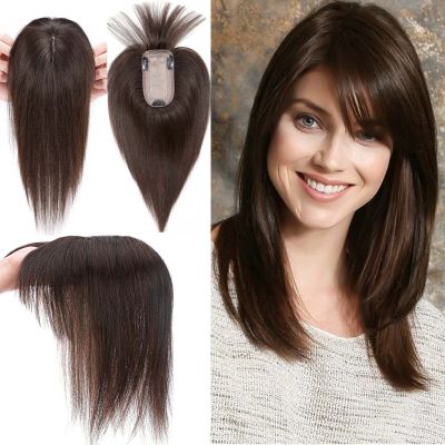 MY-LADY 150% Density Human Hair Toppers With Bangs For Women 10 Inch Dark Brown Silk Base Clip in Toppers Top Hair Pieces for Thinning Hair Hair Loss
