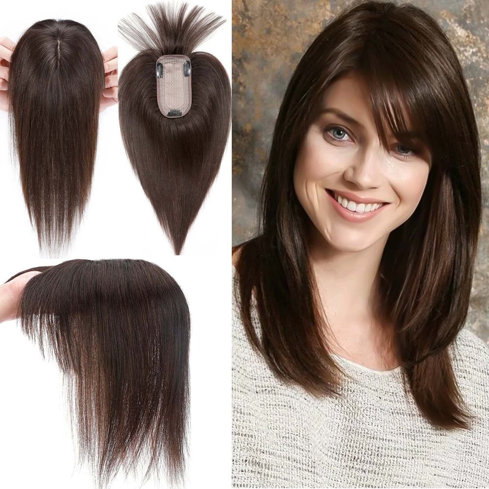 MY-LADY 150% Density Human Hair Toppers With Bangs For Women 10 Inch Dark Brown Silk Base Clip in Toppers Top Hair Pieces for Thinning Hair Hair Loss