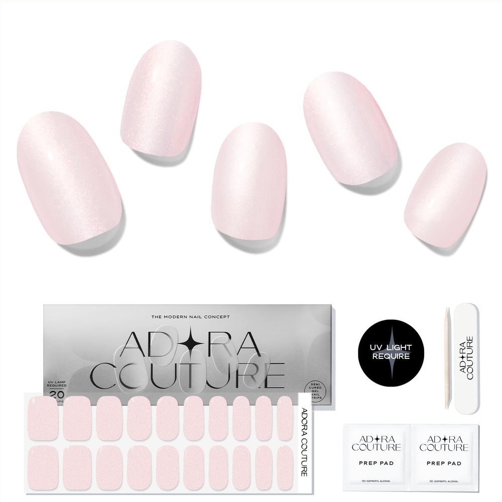 Adora Couture Semi Cured Gel Nail Strips with 20 Pieces - UV Gel Stickers, Manicure Kit, Easy Application Wraps Includes Prep Pads, Nail File, Wooden Stick - UV Light Required (Blush Glaze)